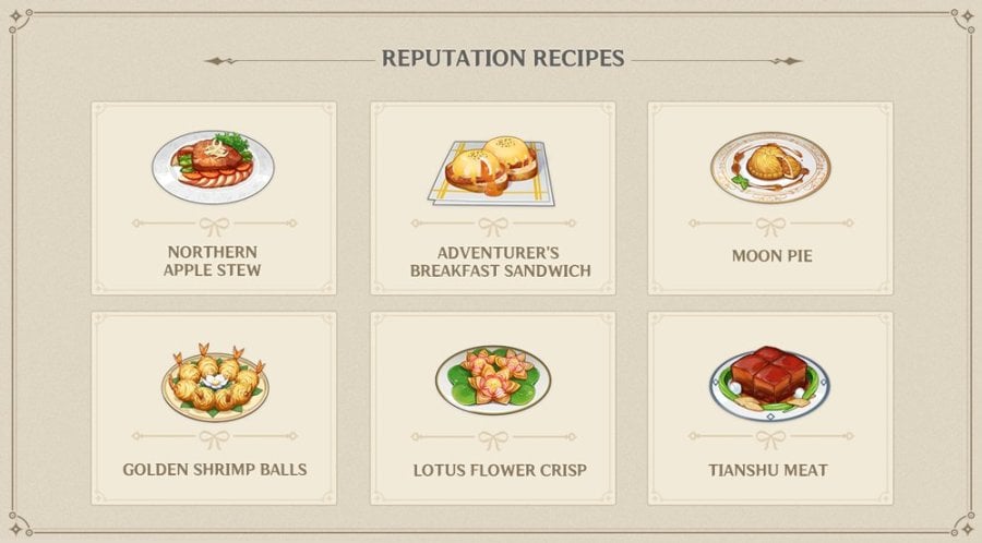 A picture showing off the new Recipies coming with the Reputation System coming to Genshin Impact in update 1.1