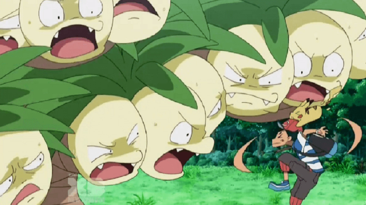 Screenshot of huge Exeggutors yelling at Ash.