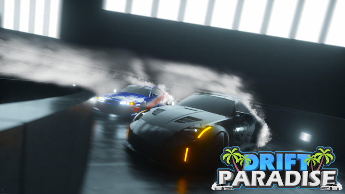 Roblox Drift Paradise cars drifting around corner.