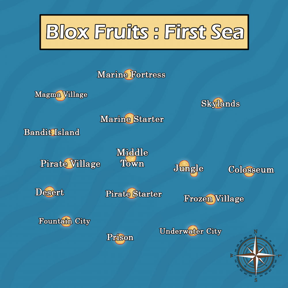 Screenshot of first sea map in Blox Fruits. Ability teacher location is in frozen village, in the south east area of the map.