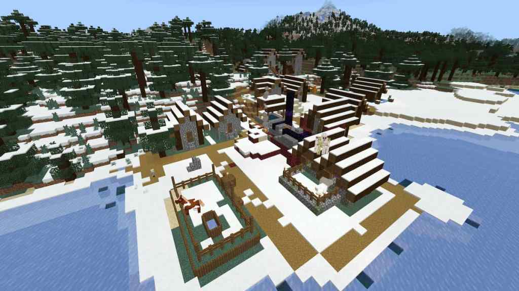 A frozen Taiga Village with a ruined portal in its center.
