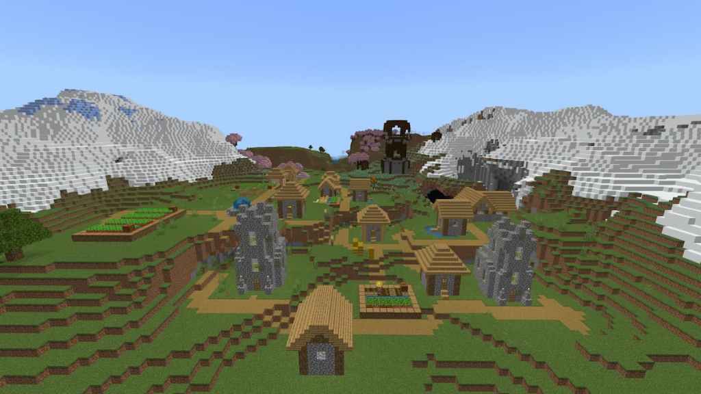 A Minecraft seed containing a Pillager Outpost next to a Plains Village.