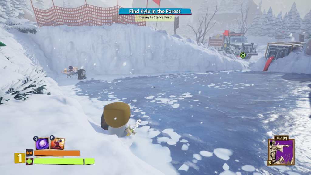 Player standing on a frozen lake looking at Henrietta in South Park Snow Day