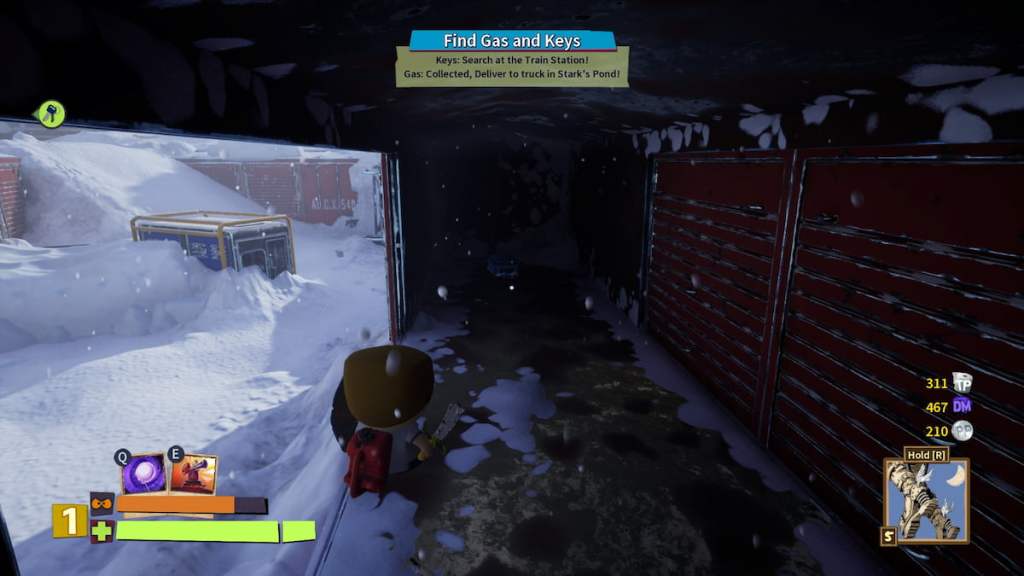 Player standing in a dark train cart looking at a backpack in South Park Snow Day