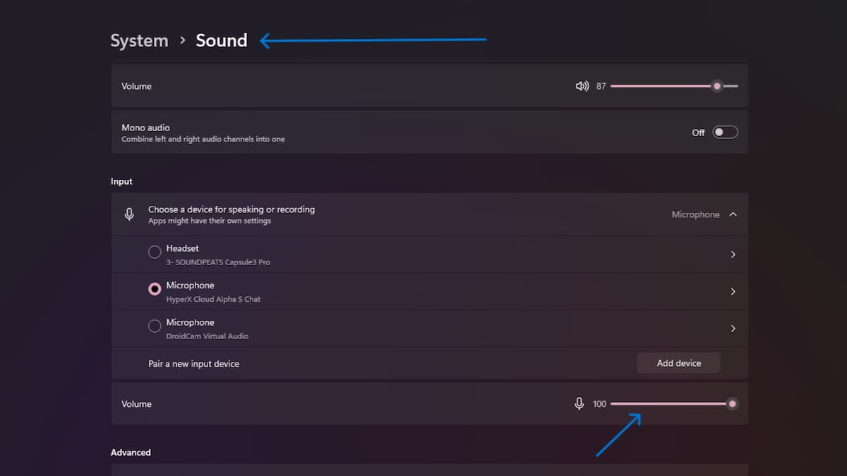 Showing microphone settings in windows