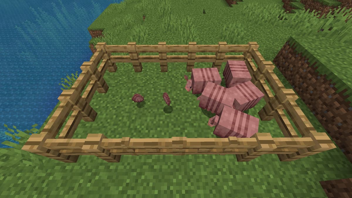 Armadillos shedding Scutes in a pen in Minecraft.