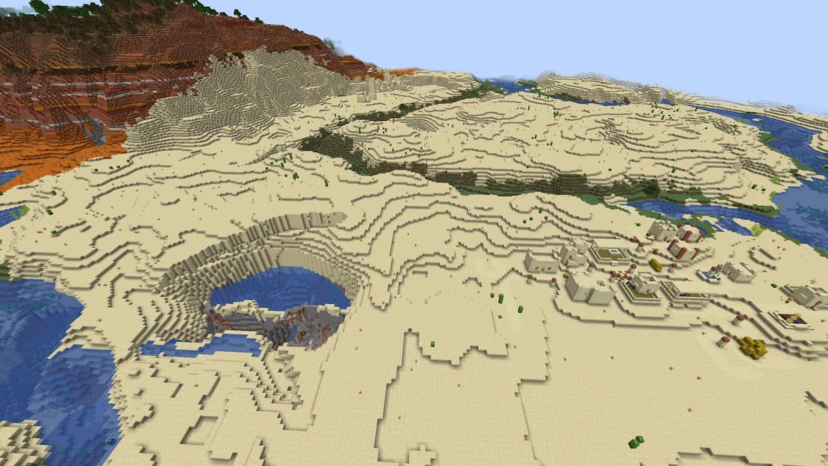 A Desert biome on top of a giant Dripstone Cave in Minecraft.
