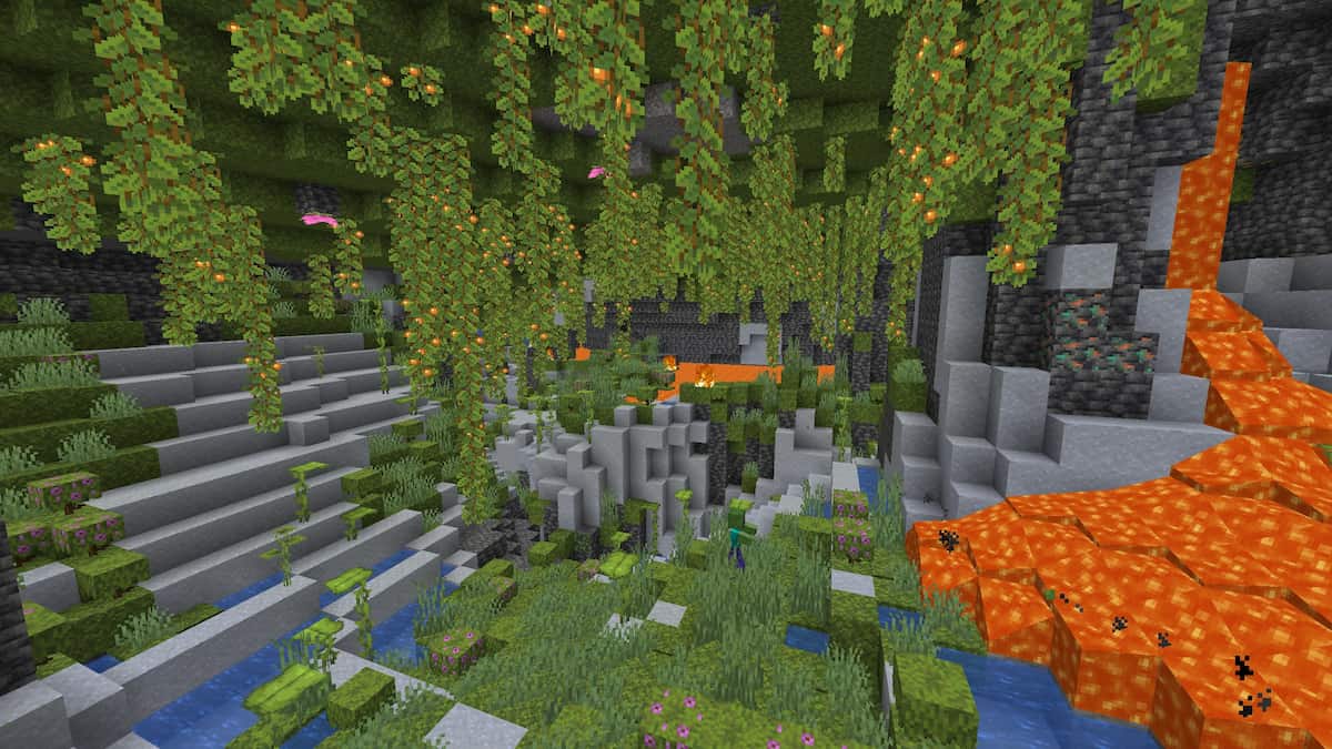 A Lush Cave with pools of lava in Minecraft.