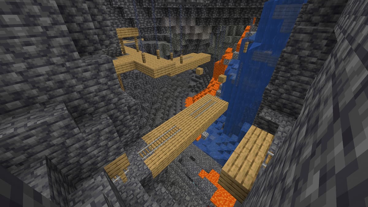 A deepslate cave with mineshafts, lava falls, and waterfalls.