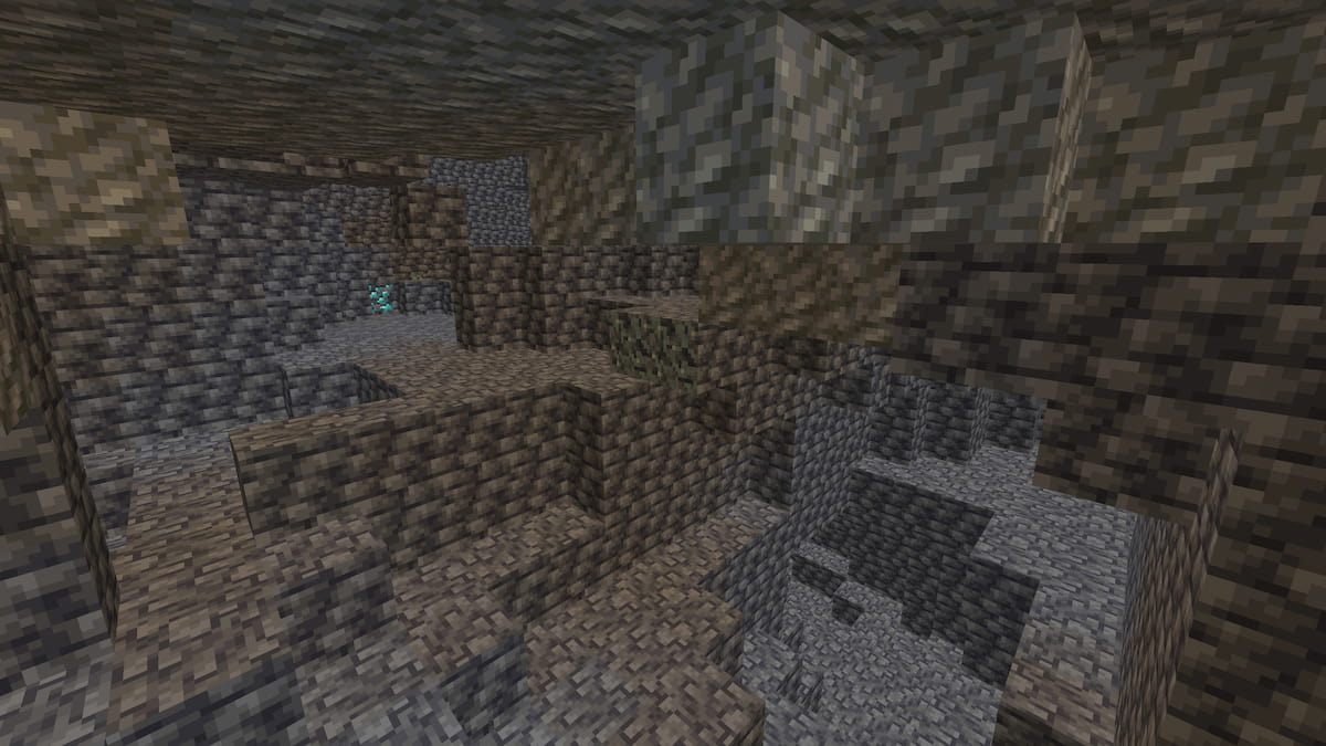 A Deepslate cavern with diamond deposits in Minecraft.