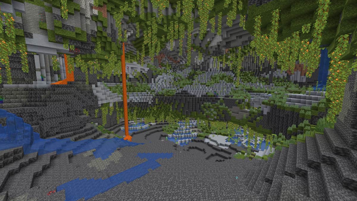 A giant Lush Cave cavern with moss, water, and lava everywhere.