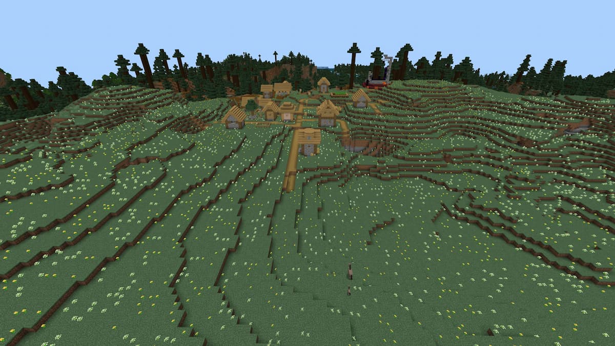 A Minecraft Meadow covered in yellow and white flowers with a Plains Village and a ruined portal