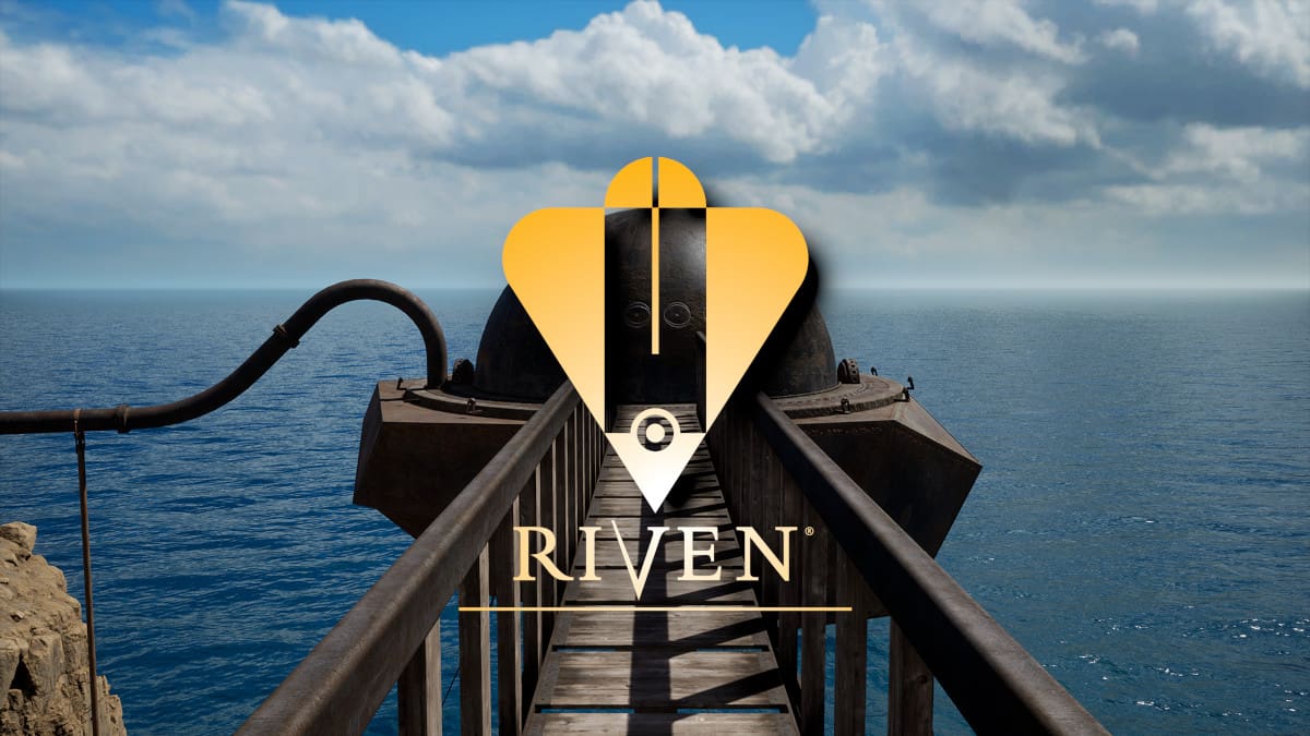 Screenshot of dome in Riven with the Riven logo over top.