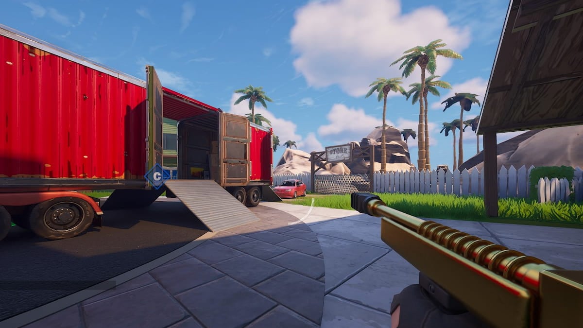 Player standing in front of the truck in Beachtown Fortnite FPS island mode