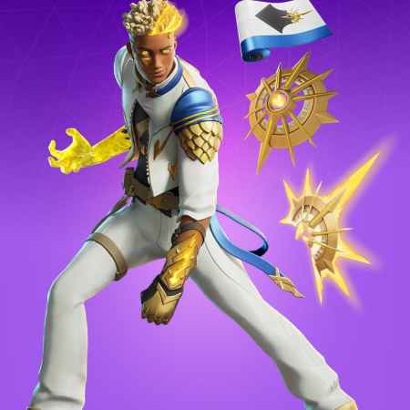 Image containing Fornite Apollo skin, Apollo's Sunrise backpack and pickaxe, and Eternal Rays wrap