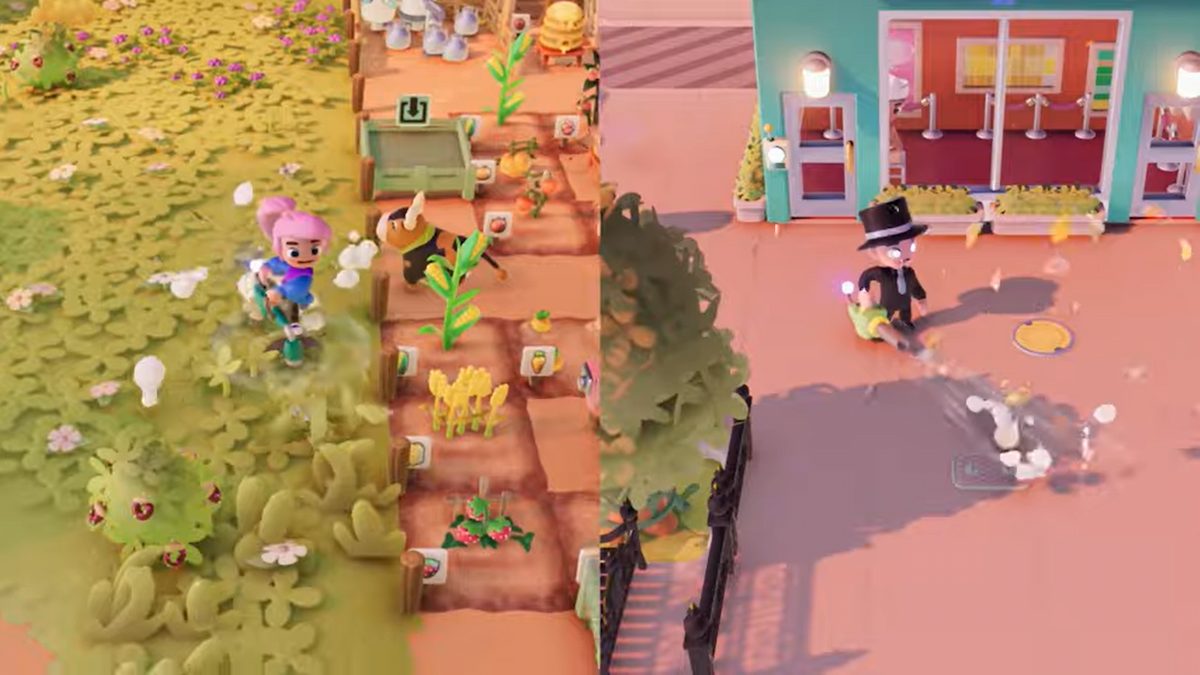 A screenshot from an official gameplay video showing the co-op mode that Go-Go Town! will have. Image is a split screen with a fem-presenting avatar on the left, and a masc-presenting avatar on the right. The fem. has pink hair and is cutting the grass, the masc. is using a leaf blower outside of a shop.