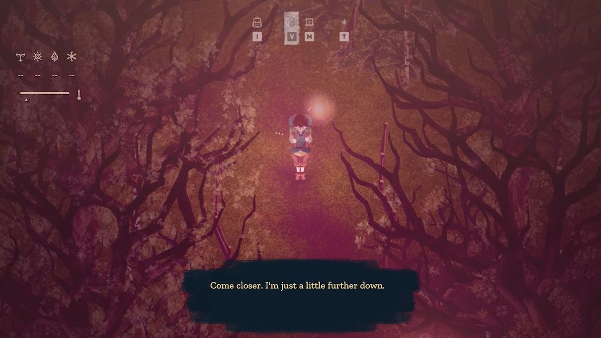 A screenshot of the gameplay from The Garden Path, uploaded by developer carrotcake. It shows a masc-presenting figure with a backpack and a lantern standing on the path between some trees in a forest. The text reads 