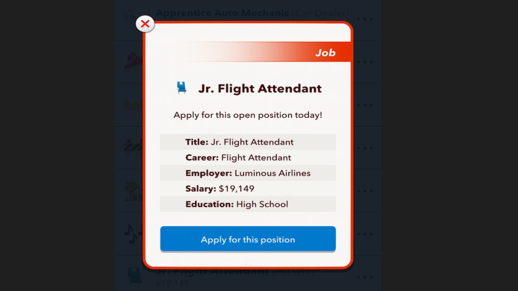 The Jr. Flight Attendant job description in BitLife