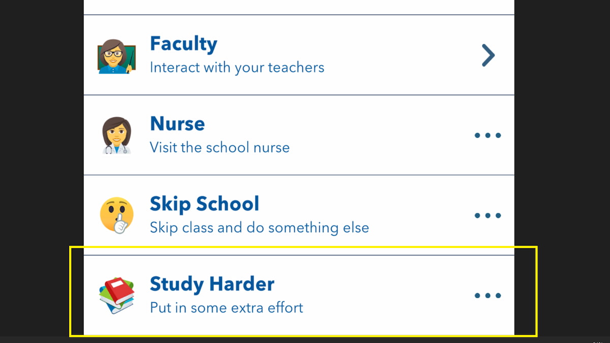 The Study Harder option  in BitLife