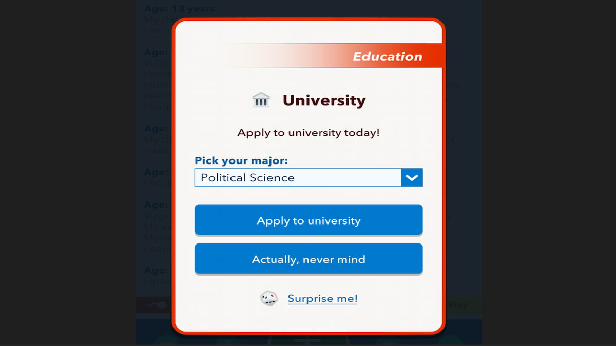 The University Application Menu in BitLife