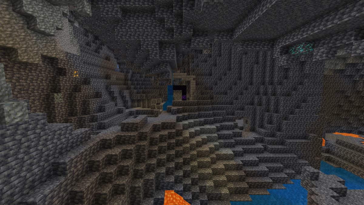 A ruined Nether portal in a Deepslate Cave