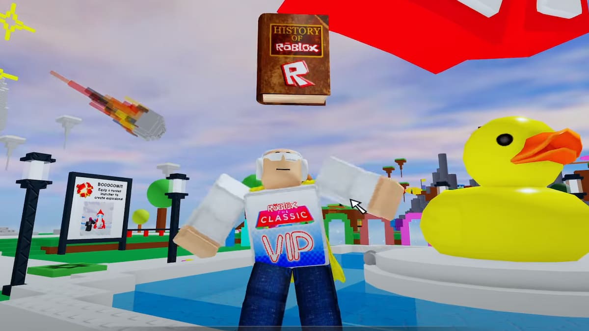 A player collecting the first book in Roblox Classic Event