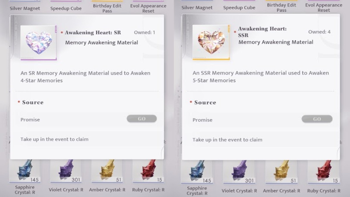 Love and Deepspace inventory containing SSR and SR Awakening Hearts