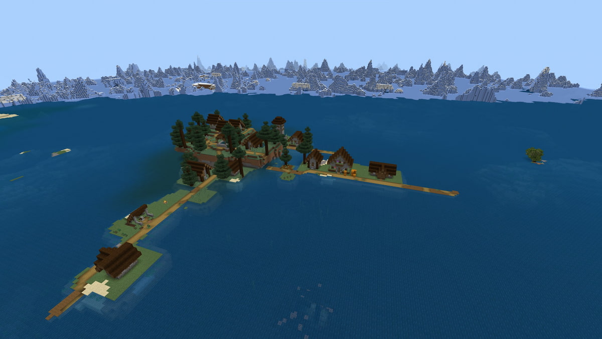 A Minecraft island made up of a Taiga Village.