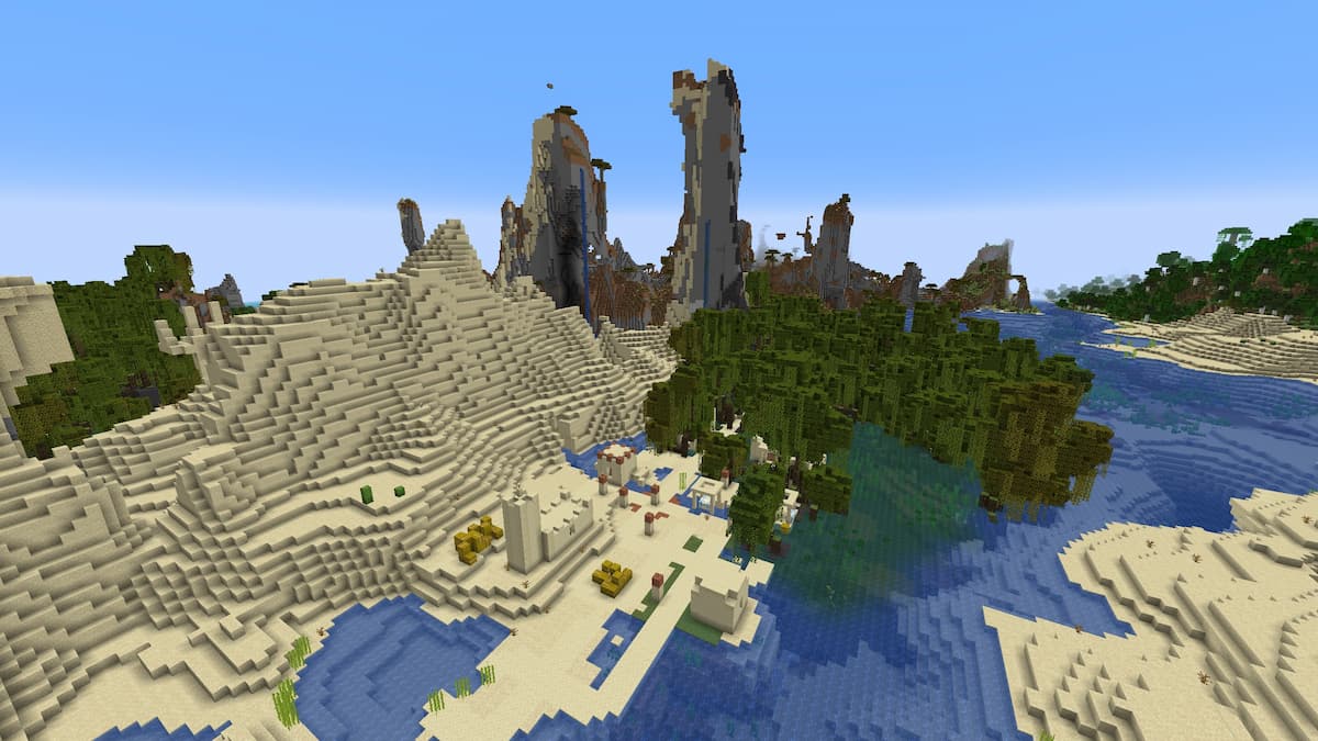 A Minecraft seed with Windswept, Desert, Mangrove, and Jungle biomes.