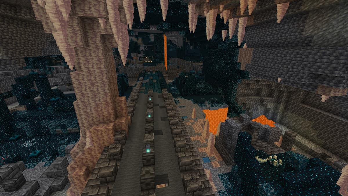 An Ancient City above a lava pool with Dripstone pillars