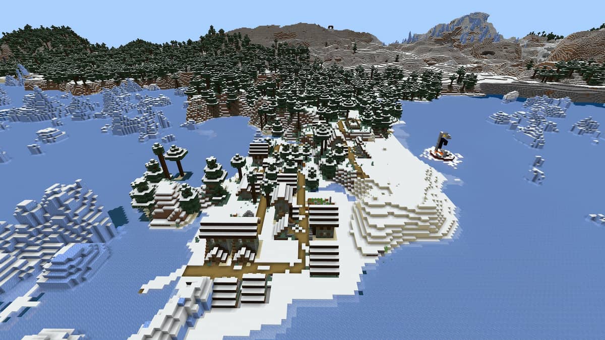 A deserted Snowy Village next to a ruined portal in Minecraft