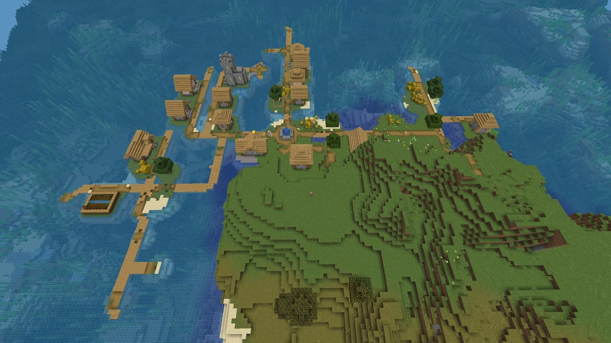A Plains Village floating above an ocean filled with kelp