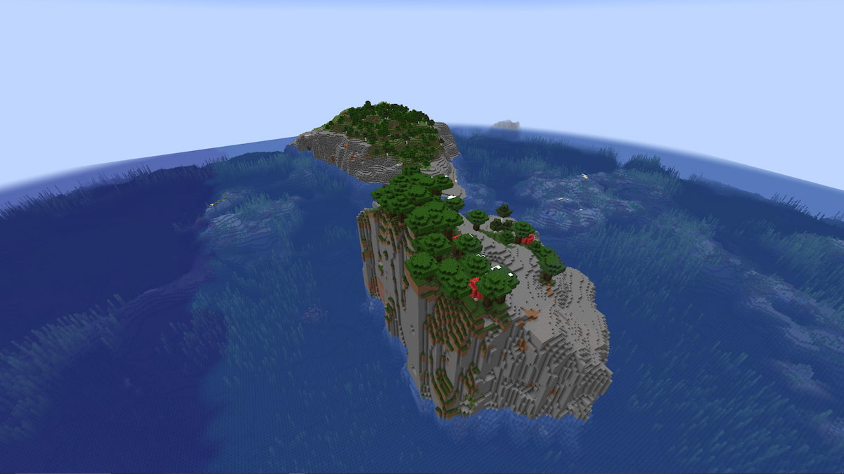A set of Minecraft islands made up of stone, ores, and Dark Oak trees