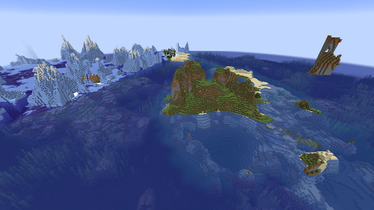 A small hill-shaped island next to two shipwrecks and an icy biome
