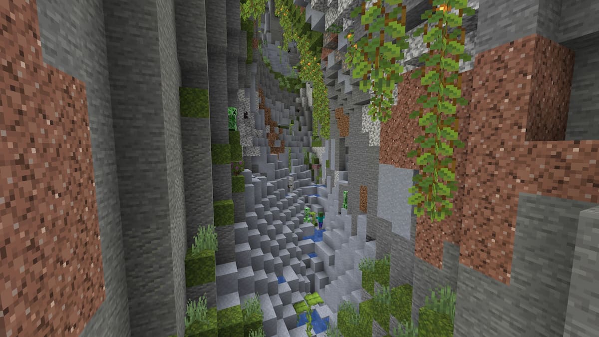 A view of a Lush Cave ravine from underground