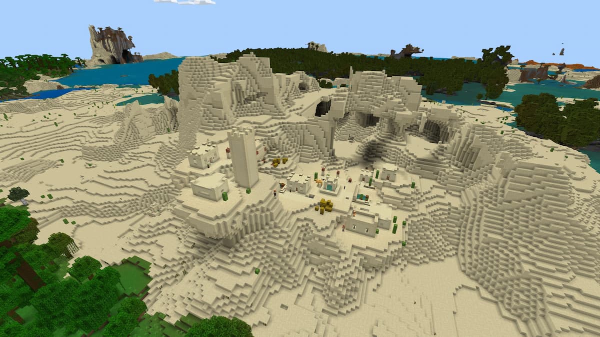 A Minecraft Desert Village on the side of windswept Desert Hills