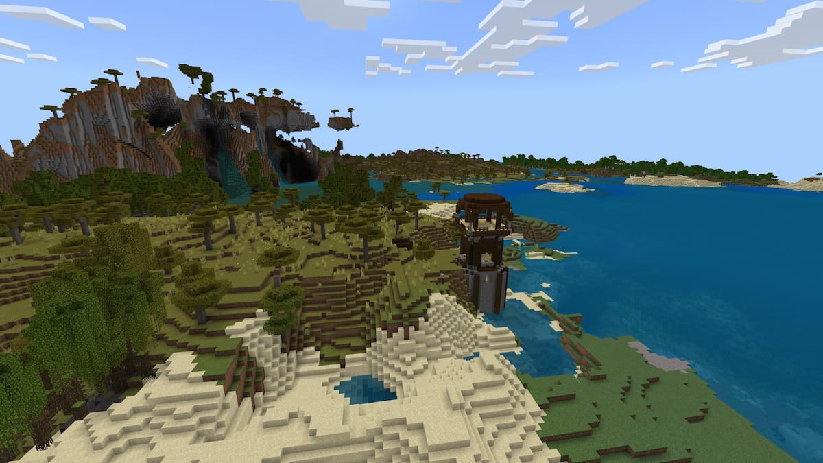 A tall Pillager Outpost next to the ocean in Minecraft