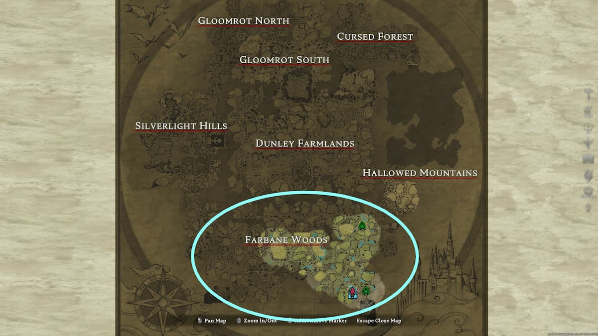 World Map of V Rising, with a circle marking the Farbane Woods region