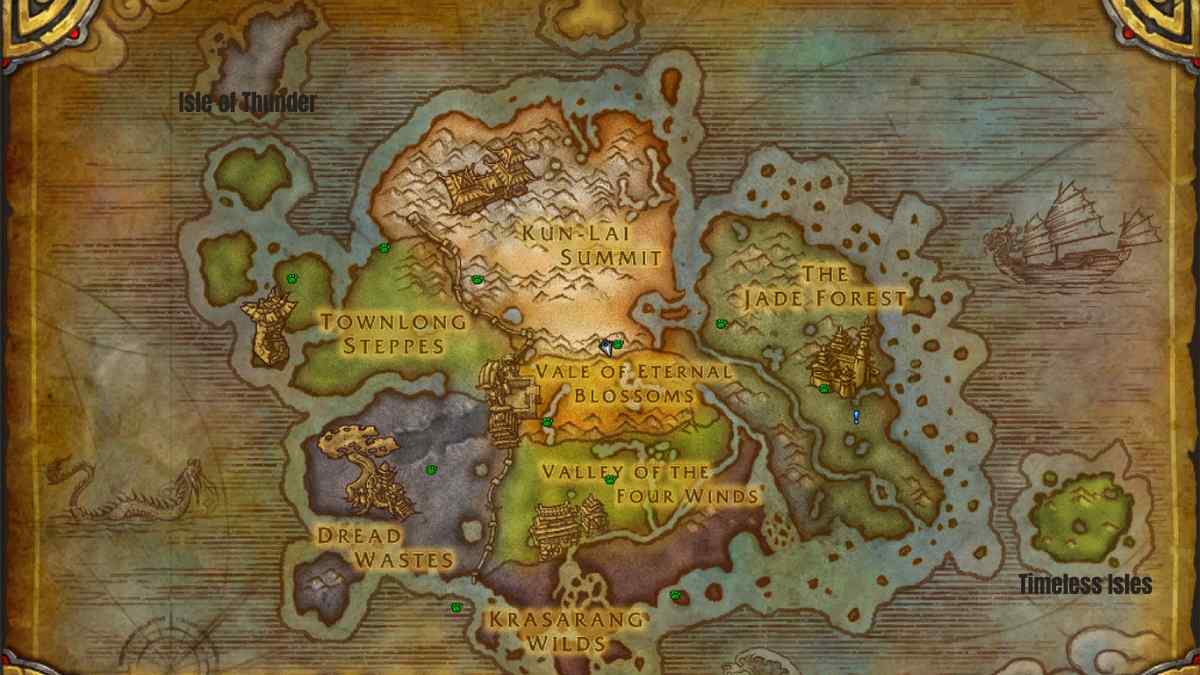 The map of Pandaria in WoW with the Timeless Isles and Isle of Thunder marked