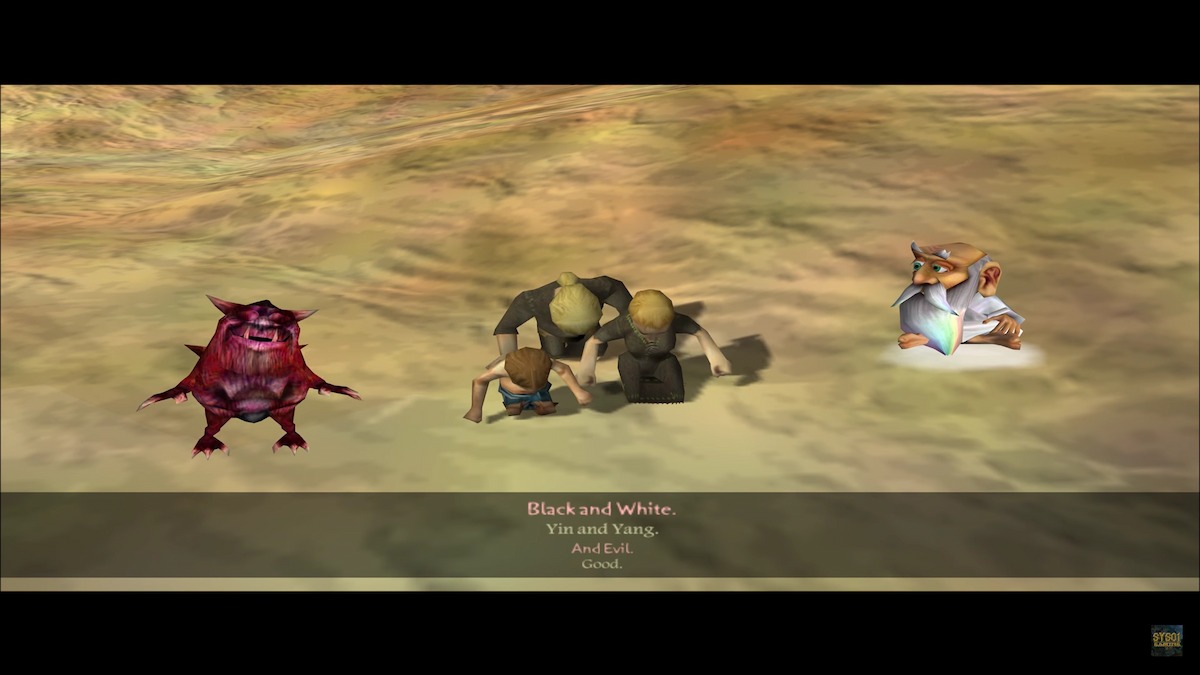 The start of gameplay for Black & White, showing a small family worshipping the player and the Good and Evil characters on either side.