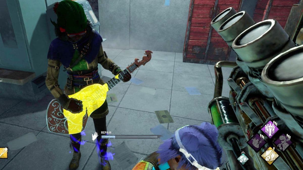 Claudette playing the lute from the Bardic Inspiration perk in Dead by Daylight