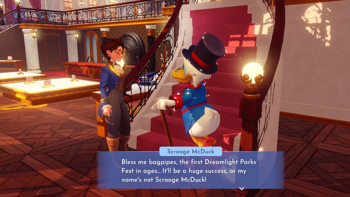 Fem-presenting Disney Dreamlight Valley avatar talking to an excited Scrooge McDuck.