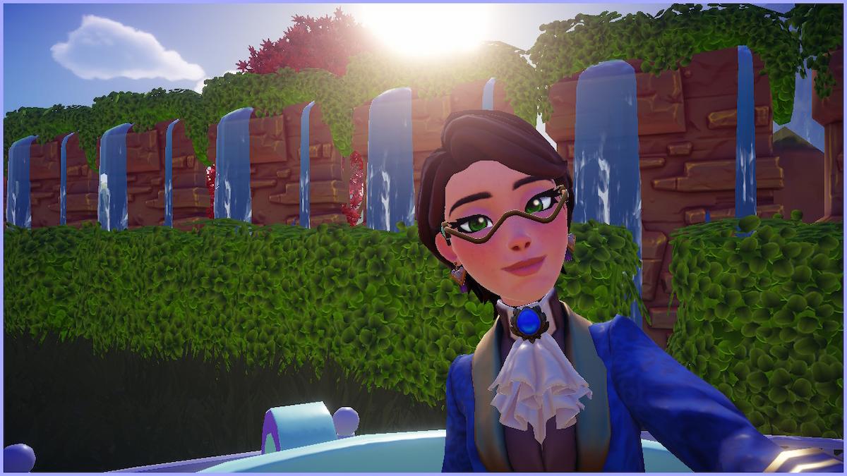 Fem-presenting Disney Dreamlight Valley avatar taking a selfie in front of waterfalls.