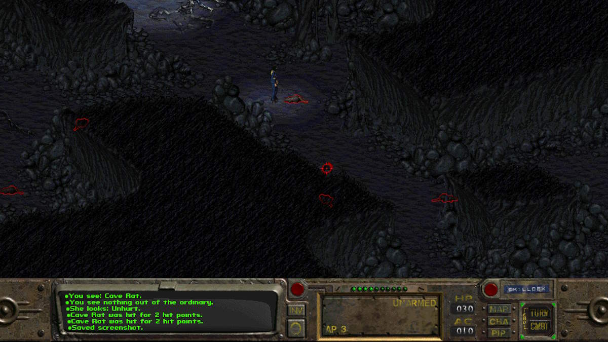 Vault dweller fighting a rat in a cave in Fallout 1