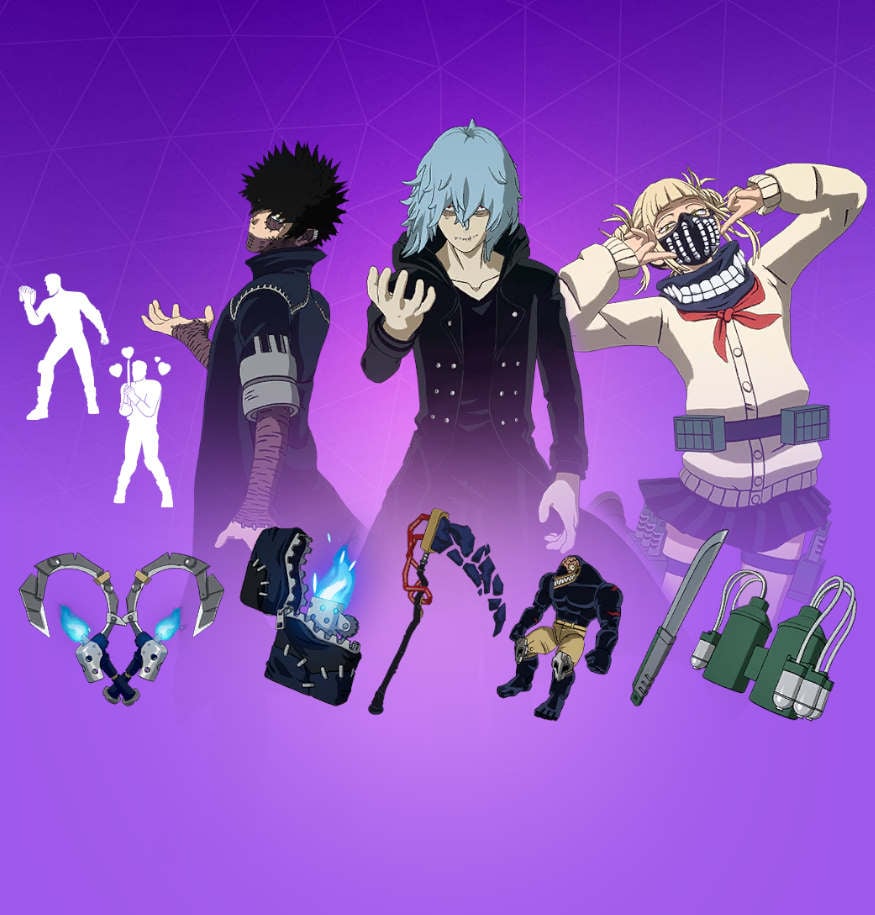 Fortnite bundle with My Hero Academia villains Dabi, Himoko, and Tomura skins