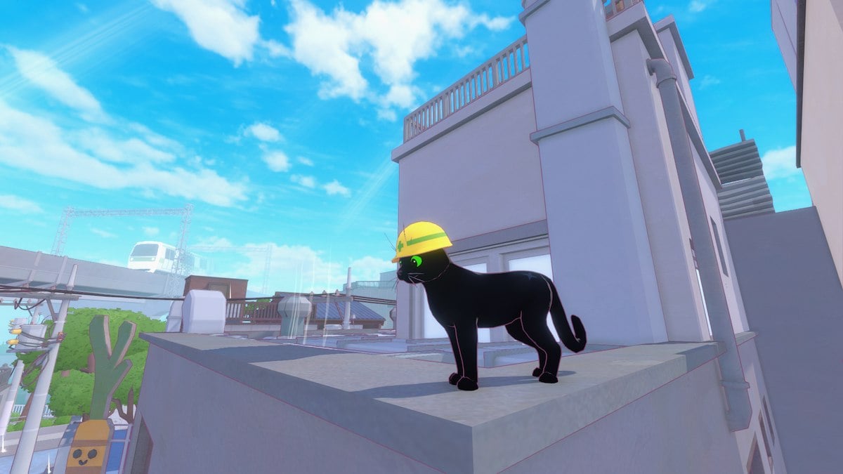 Little kitty on a roof, wearing a hard hat in Little Kitty, Big City.