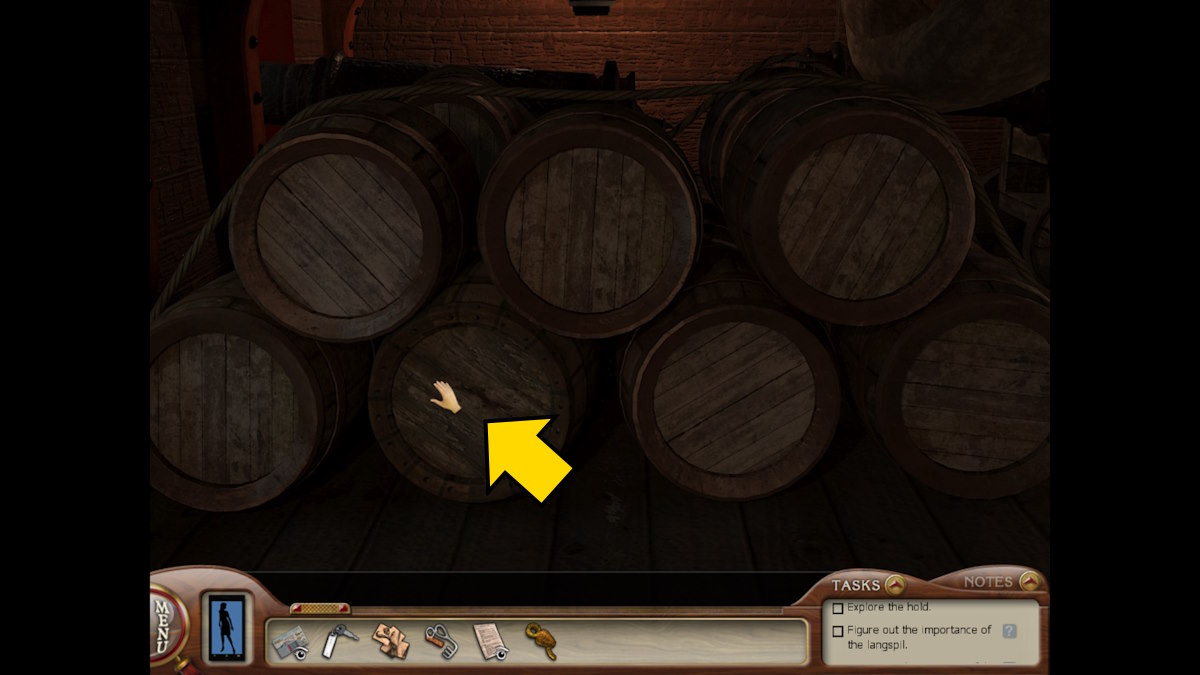 Opening a barrel in the hold in Nancy Drew: Sea Of Darkness