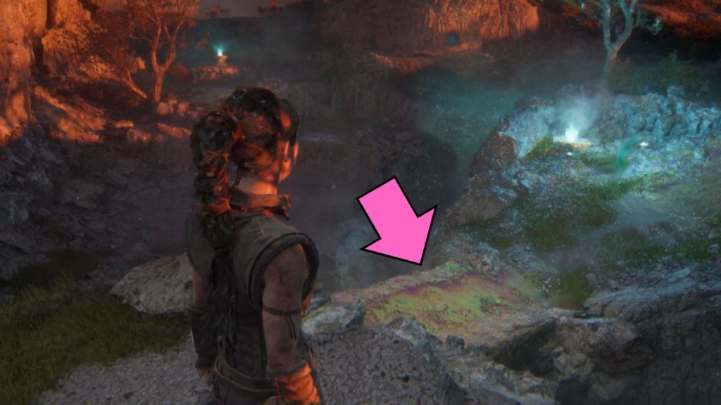 Glittering figure activating a path by lighting the fourth fire pit in Hellblade II
