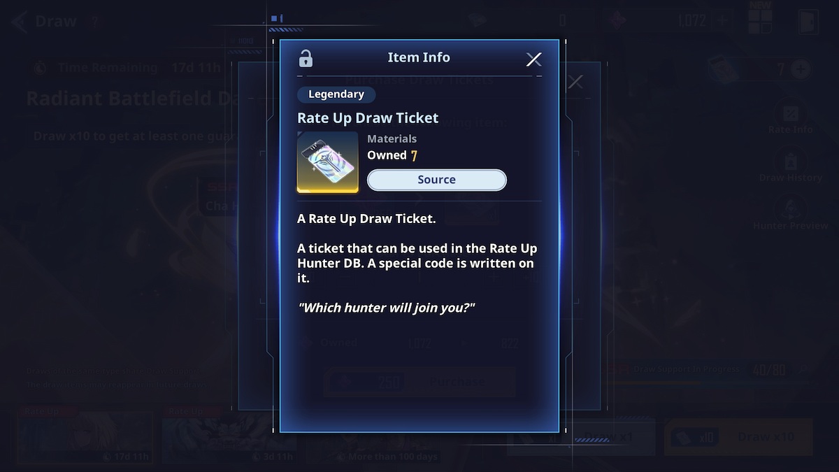 Rate up draw ticket info screen in Solo Leveling ARISE. 
