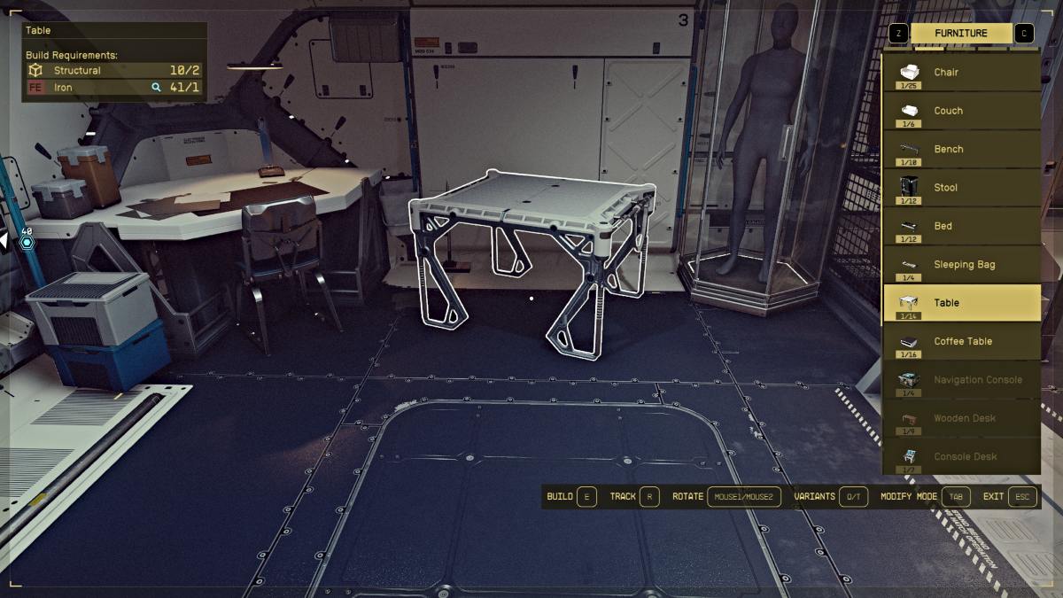 Building a table with the ship interior builder in Starfield